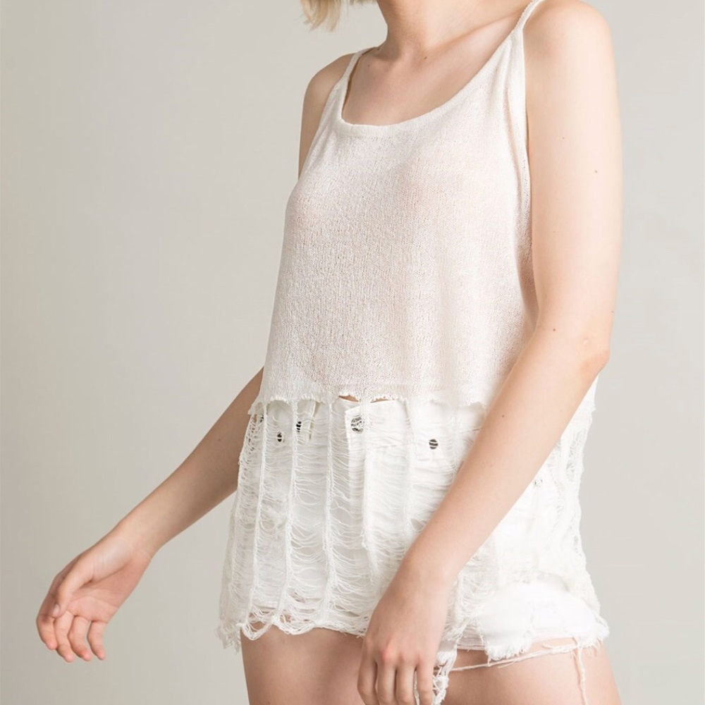Distressed Tank Top Thin Sweater Cream New